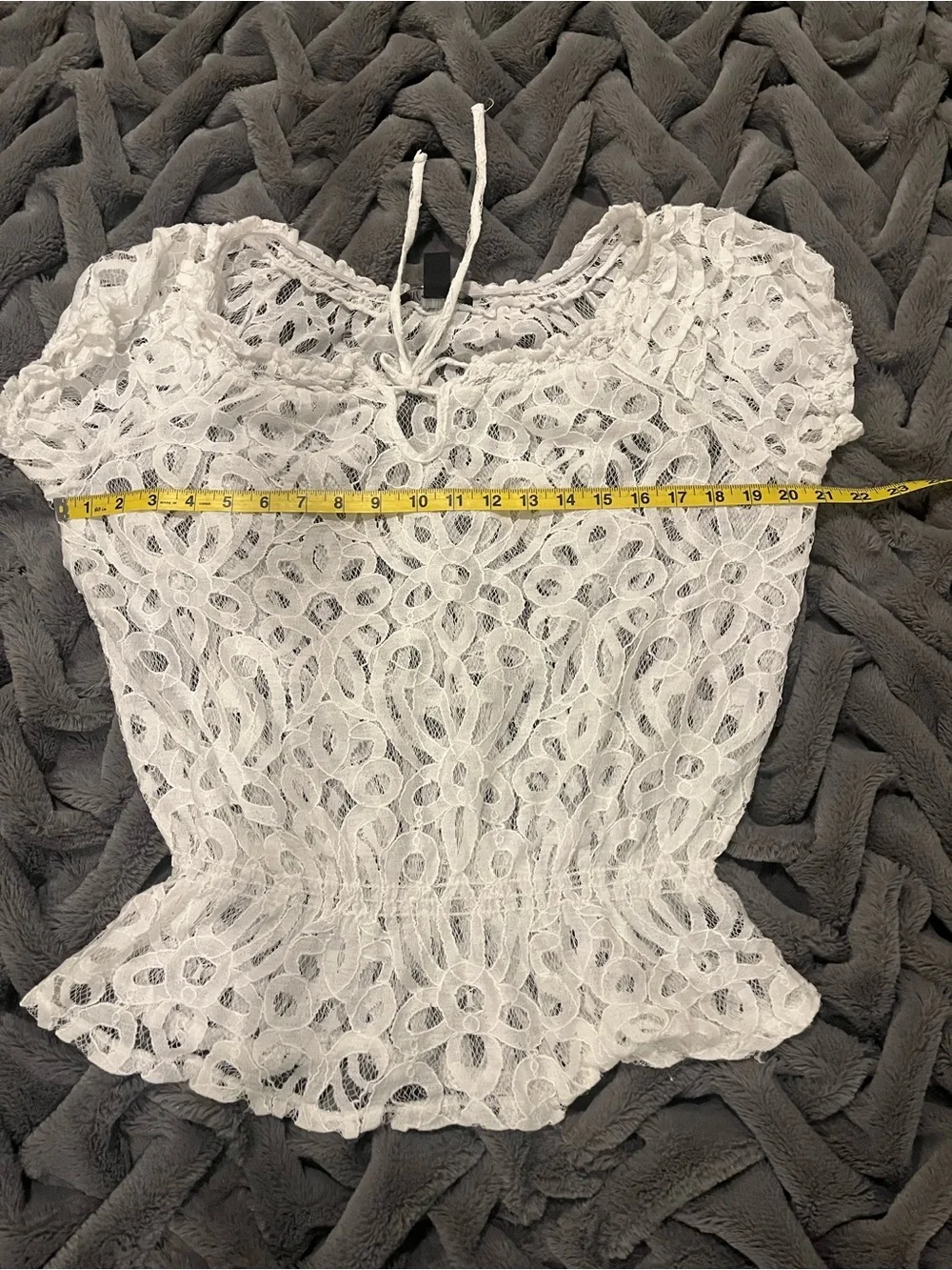 INC International Concepts White Lace Short Sleeve Peplum Blouse with Tie - Picture 8 of 9